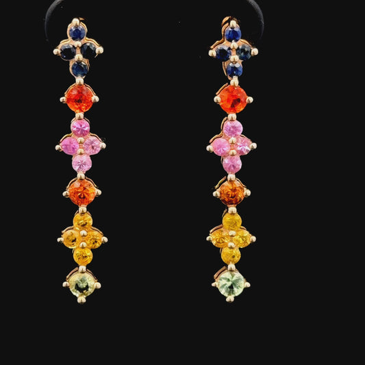 9k Yellow Gold Multi-Coloured Sapphire Graduated Cluster Dangle Earrings.