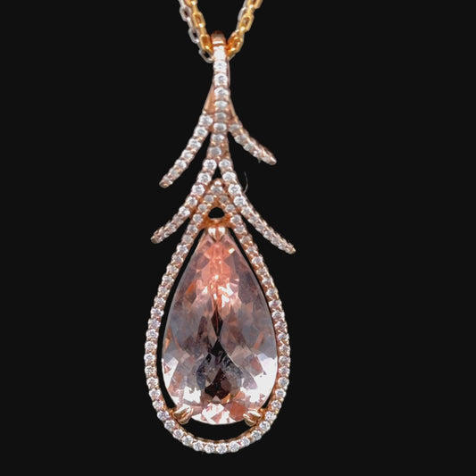 18k Yellow Gold Diamond Set Pear Morganite Pendant of 8.7 Cts including a Mixed Colour 18k White & Yellow Gold Chain