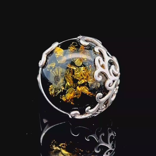 Silver Green Baltic Amber Ornate Ring