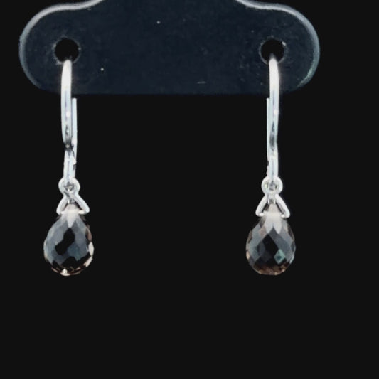 Pretty 9k White Gold Smokey Quartz Briolette Cut Drop Earrings With Hook Backs