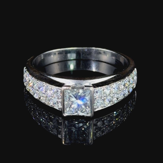 Stunning 18k White Gold 2 Row Diamond Ring With a 0.75 Ct Centre Stone.