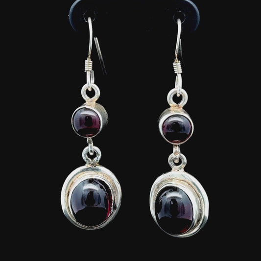 Silver Cabachon Garnet Drop Hook Earrings