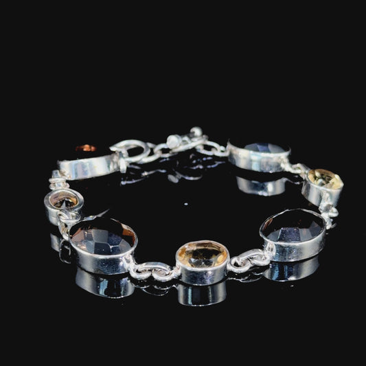 Very Pretty Silver Smokey Quartz & Citrine Bracelet With T Bar Clasp