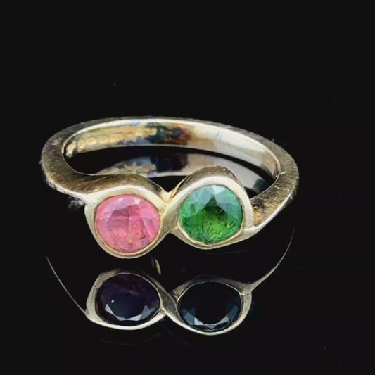 18K Yellow Gold Pink & Green Stone Ring