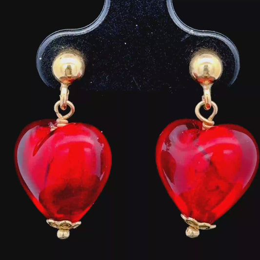 9K Gold Red Glass Heart-Shaped Earrings