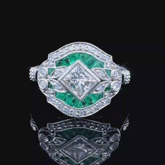 Platinum Deco Style Emerald & Diamond Ring APPX 0.5 CTS CENTRE