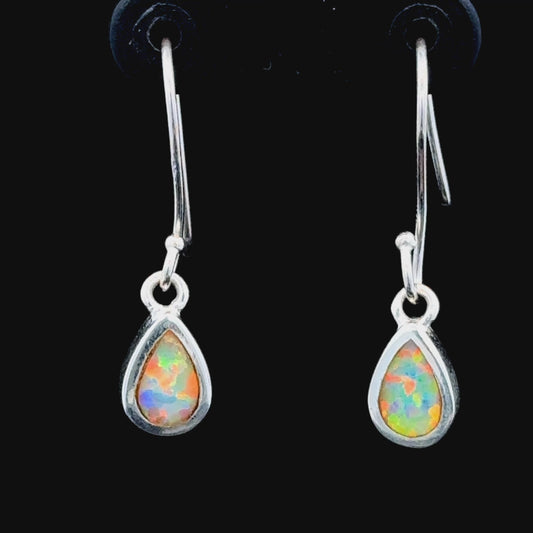 Silver Opal Pear Hook Earrings