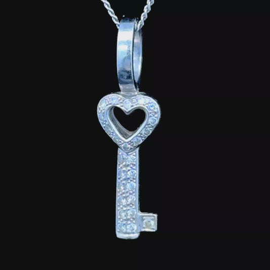 18K White Gold Diamond Key Pendant