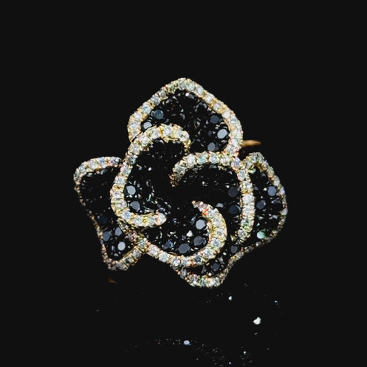 14K Yellow Gold Black & White Diamond Flower Ring