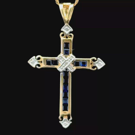 9K Yellow Gold Diamond & Sapphire Cross Pendant