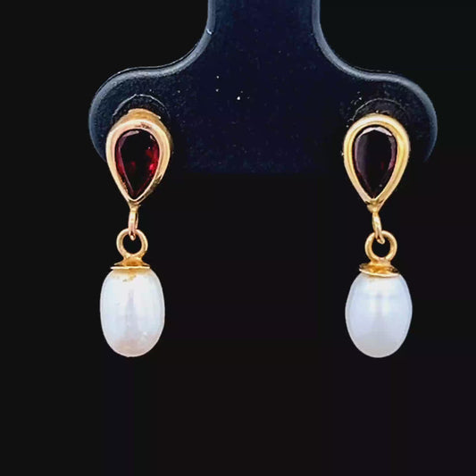 9K Yellow Gold Pearl & Garnet Drop Studs