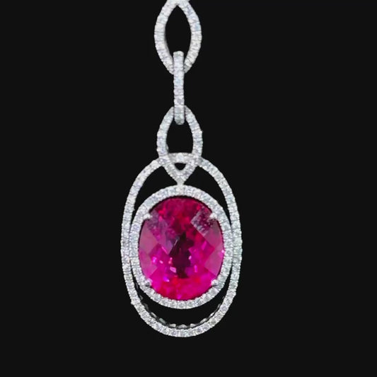 14K White Gold Pink Spinel  & Diamond Drop Pendant & Chain