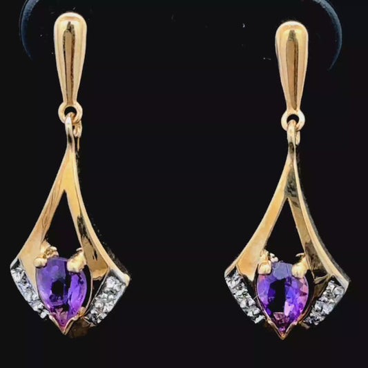 9K Yellow Gold Amethyst & Diamond Drops