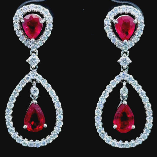 18k White Gold Ruby & Diamond Pear Halo Drop Stud Earrings Appx 1ct Diamonds RRP £4.5k