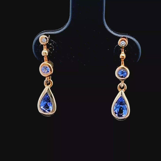 9K Yellow Gold Tanzanite & Diamond Drop Studs