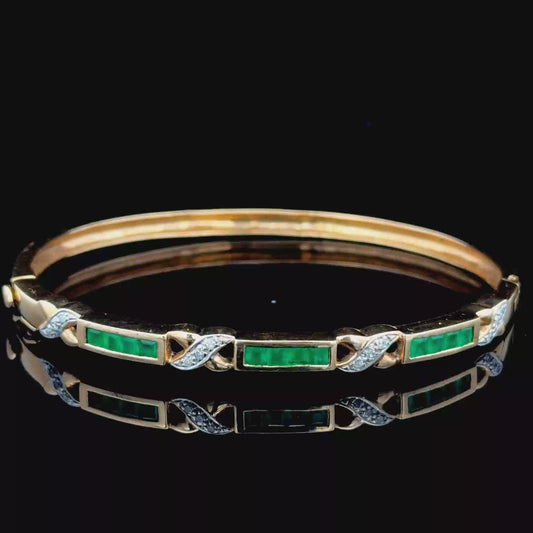 9K Yellow Gold Emerald & Diamond Bangle