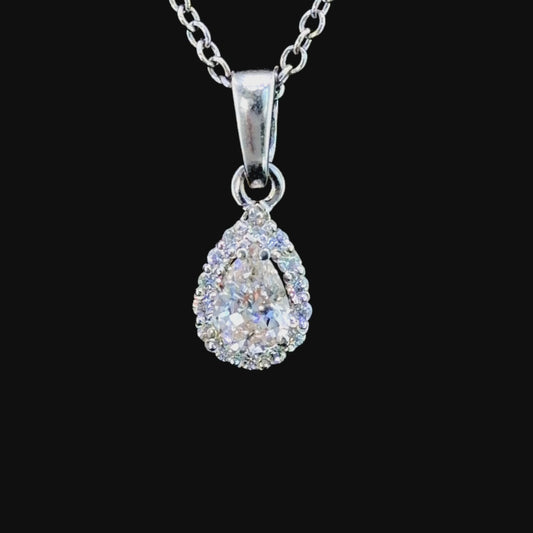 Lovely 18k White Gold Diamond Pear Halo Pendant & Chain Having 2 Length Adjustments 16” & 17” 0.6 Cts