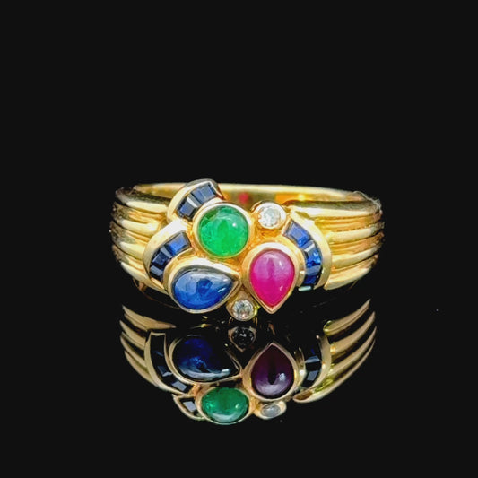 Fabulous 18K Yellow Gold Modern Cluster Ring Featuring: Emerald, Ruby, Sapphire & Diamonds