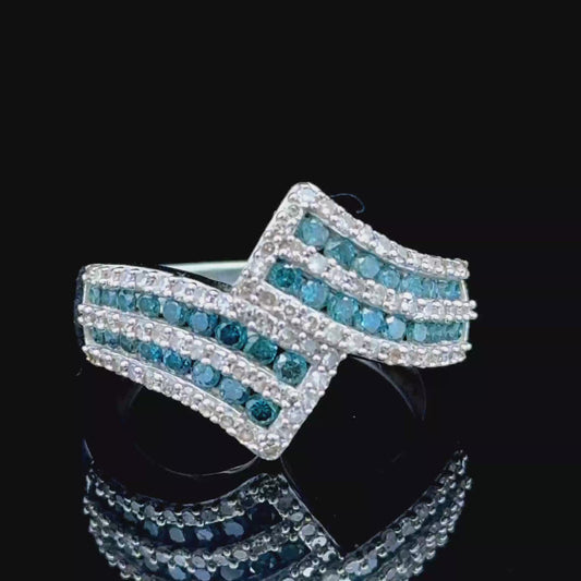 9K White Gold Blue & White Diamond Crossover Ring APPX 1.0 CTS