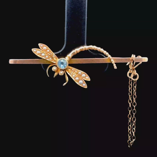 9K Yellow Gold Aquamarine & Pearl Dragonfly Brooch