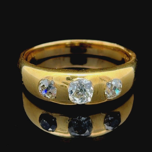 18k Yellow Gold Unisex Old Cut Diamond 3 Stone Ring Appx. 1.0Ct