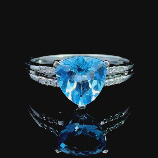 9K White Gold Trilliant Blue Topaz Ring with Diamonds to Shoulders