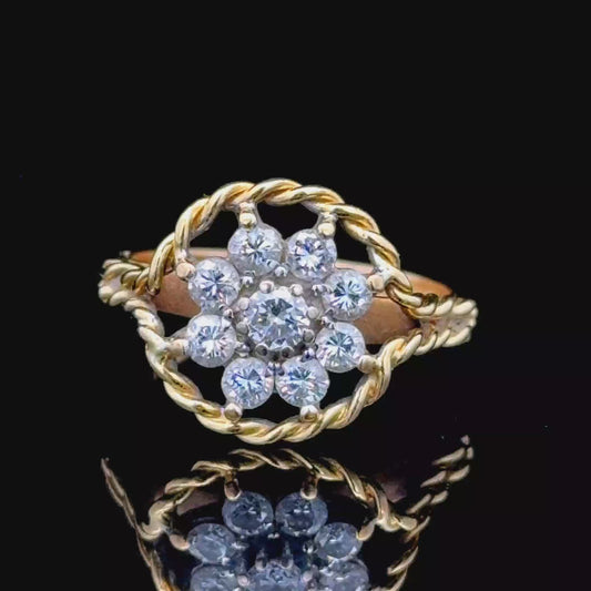 18K Yellow Gold Rope Edged Diamond Cluster Ring