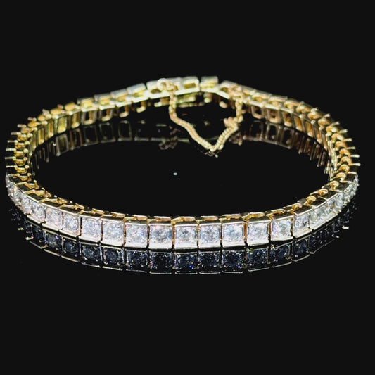 Splendid 14k Yellow Gold Round Cut Diamond Square Link Tennis Bracelet with Safety Chain Appx 4Cts