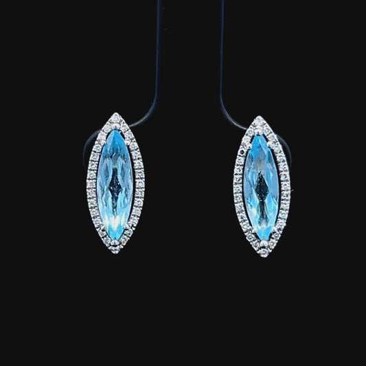 9K White Gold Marquise Aquamarine & Diamond Studs