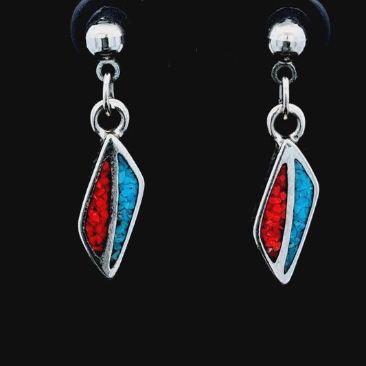 Silver with Mosaics of Coral & Turquoise Dangle Studs
