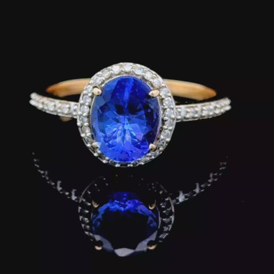 18K Yellow Gold Tanzanite & Diamond Halo Ring