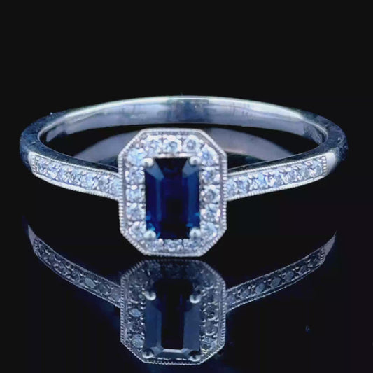 18K White Gold Sapphire & Diamond Halo Ring D:0.5 S:0.75