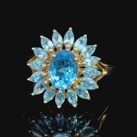 Blue Topaz Floral Cluster Cocktail Ring in 14k Yellow Gold