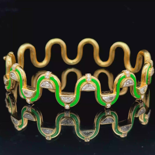 18K Yellow Gold Diamond & Green Enamel Katrina Perez Edessa Bangle APPX 2 CTS