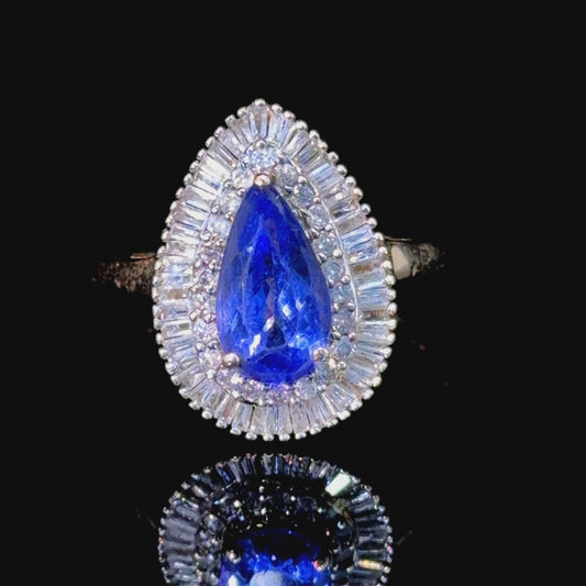 Stunning 14k Yellow Gold Baguette & Round Cut Diamond & Tanzanite Pear Halo Ring Appx D:1.0 Cts T:2.5 Cts