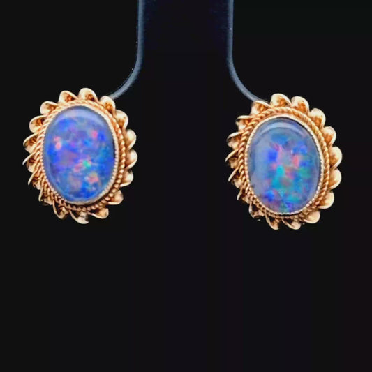 14K Yellow Gold Black Opal Oval Studs