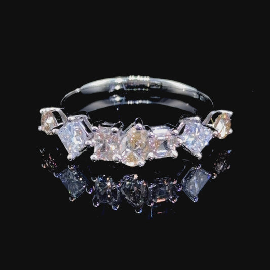 Platinum 7 Stone Diamond Ring Pink Yellow & White Pear, Emerald & Princess Cut stones Appx 1.2Cts