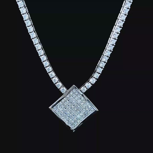 18K White Gold Diamond Line Necklace Princess Pendant APPX 8 CTS Total