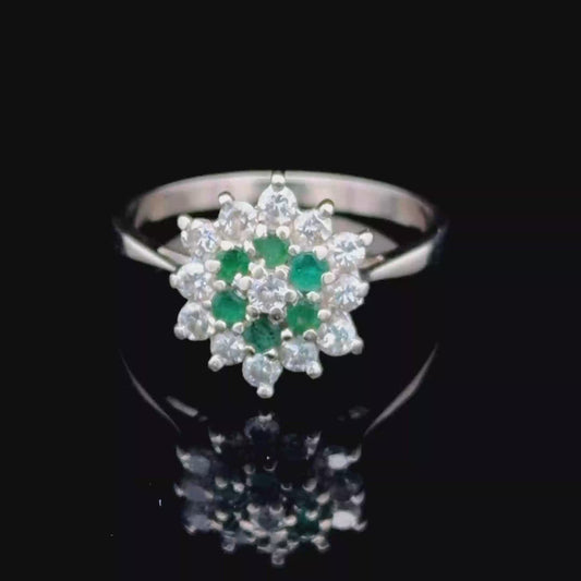 18K White Gold Diamond & Emerald Cluster Ring