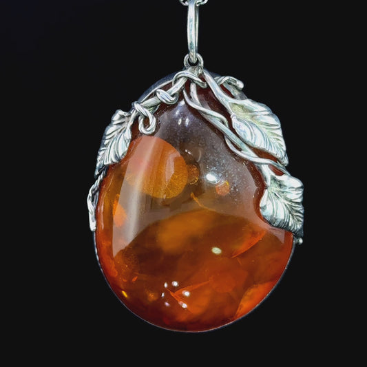Large Silver Vine Baltic Amber Pendant