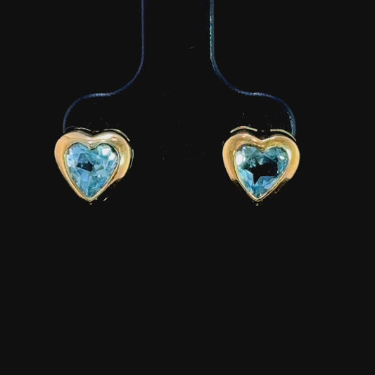 9K Yellow Gold Blue Topaz Heart Studs