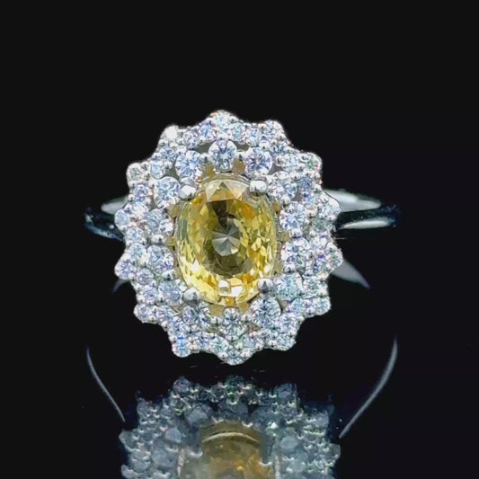 Platinum Yellow Sapphire & Diamond Cluster ring Size L1/2