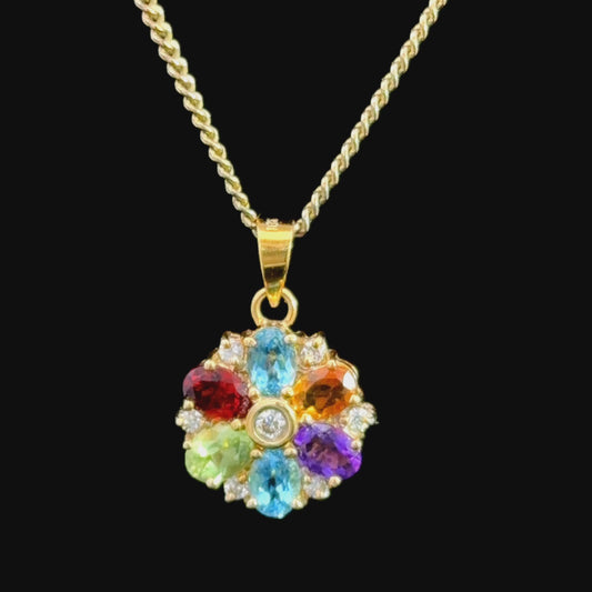Pretty 18k Yellow Gold Multicolour Gemstone & Diamond Flower Pendant (Pendant Only)
