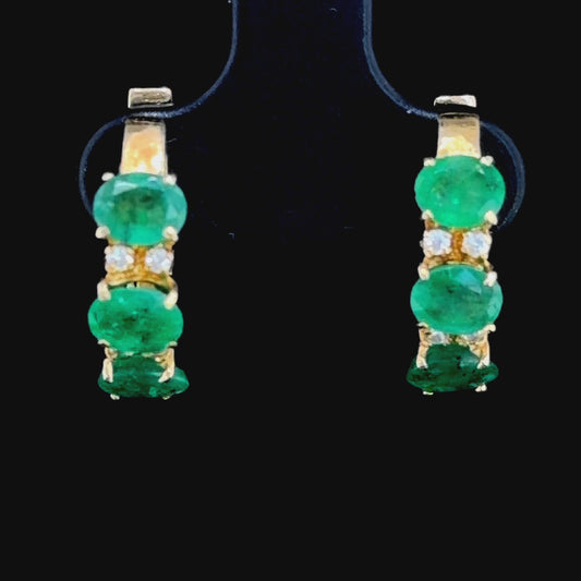 Stunning 14k Yellow Gold Emerald & Diamond hoop Earrings