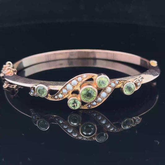 9K Rose Gold Pearl & Peridot Bangle