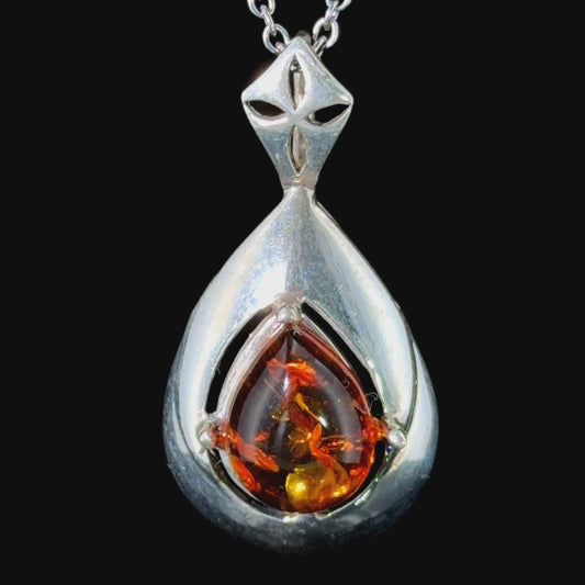 Silver & Pear Amber Drop Pendant