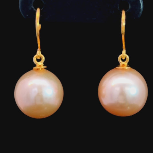 Wonder Full 18k Yellow Gold Pink Pearl Drop Earrings 10mm Diameter Having Hook Fittings