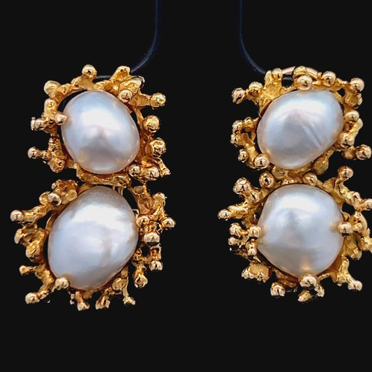 18K Yellow Gold Baroque Twin Pearl Earrings with Omega Clip Backs