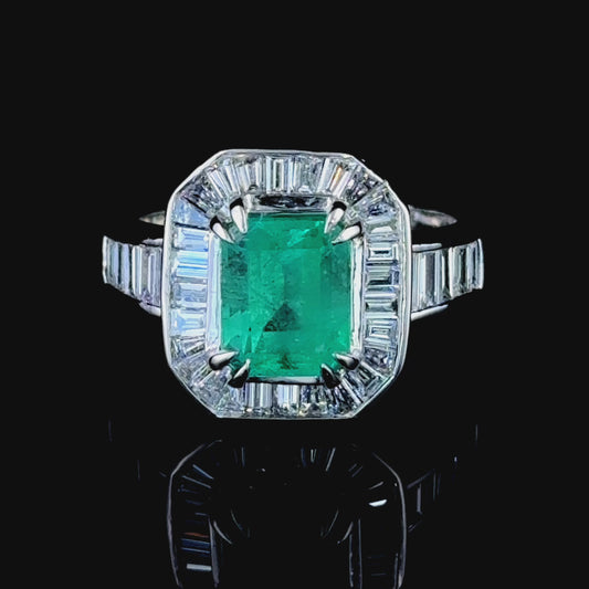 Platinum Emerald and Baguette Diamond Halo Ring With Diamonds to shoulders APPX: E-1.8CTS D-1CTS