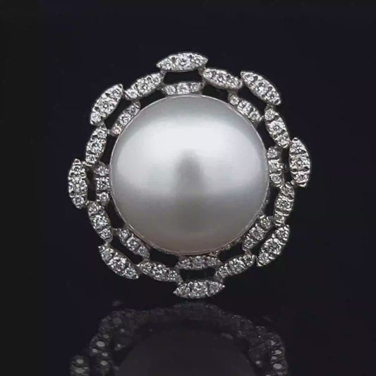 18K White Gold Large Pearl & Diamond Ring